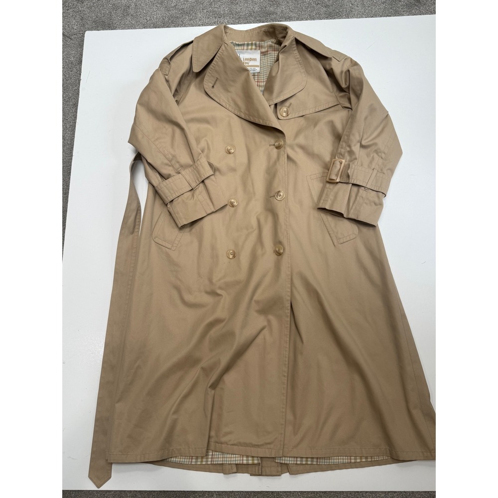 London Fog Vintage Double Breasted Trench Coat Tan Khaki Plaid Lining 6 Pet